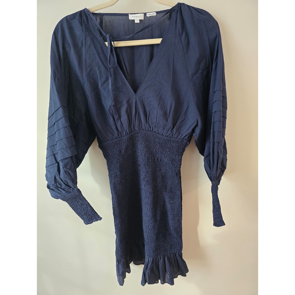 RHODE Navy‎ Blue Smocked Waist Ruffle Hem V Neck Long Sleeve Mini Dress Size S